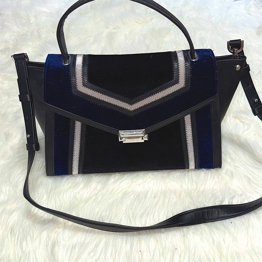 Michael Kors Black and Navy Velvet Top-Handle Satchel with Silver Hardware